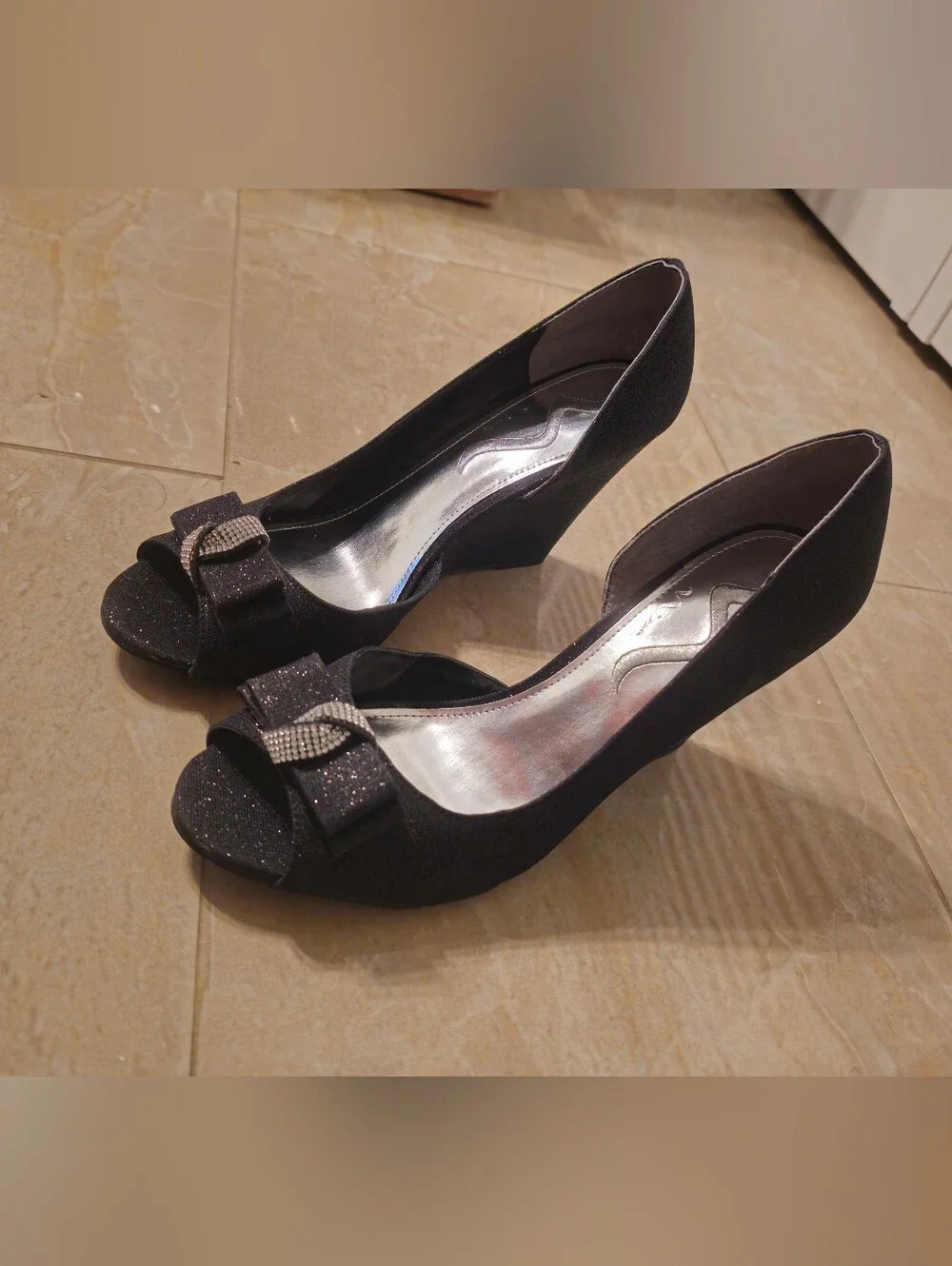 Nina Black Glitter Open-Toe Heels with Rhinestone Bow